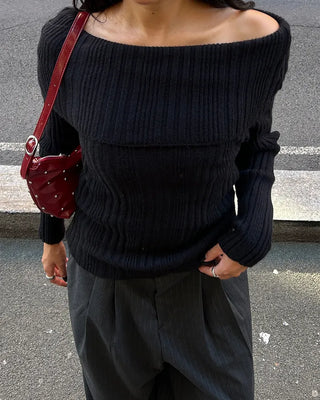 Ribbed wrap off-shoulder knit