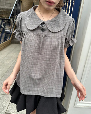 Button-up bust gathered yoke puff blouse