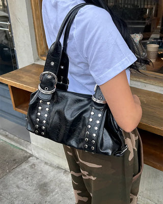 Double rivet belt leather tote bag