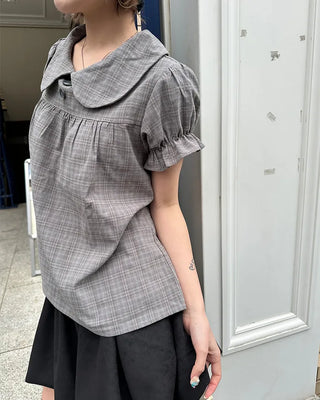 Button-up bust gathered yoke puff blouse