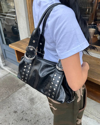 Double rivet belt leather tote bag