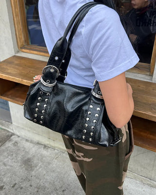 Double rivet belt leather tote bag