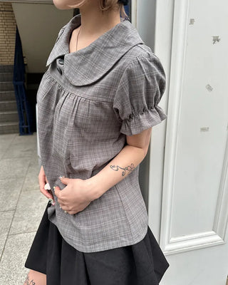 Button-up bust gathered yoke puff blouse