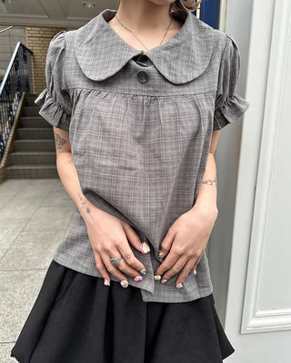 Button-up bust gathered yoke puff blouse