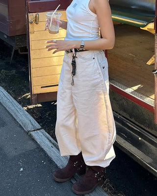 Button-back cinch flap balloon cotton pants