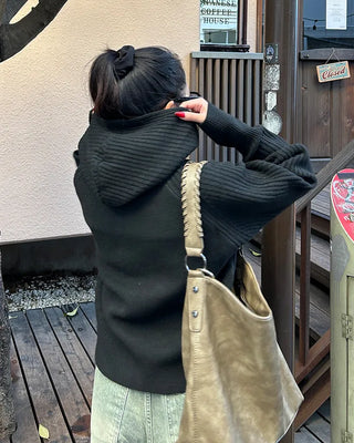 Ribbed Point High Neck Hooded Cardigan