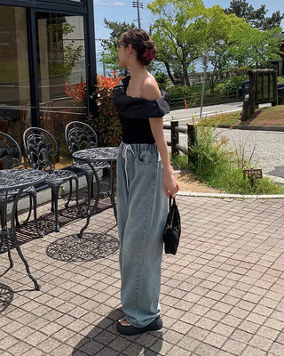Elastic waistband drawstring denim wide-leg pants
