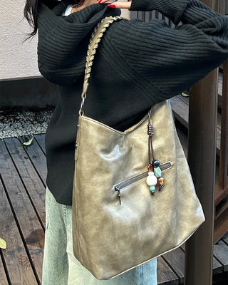 Ethnic Keyring Set One-Shoulder Leather Tote Bag