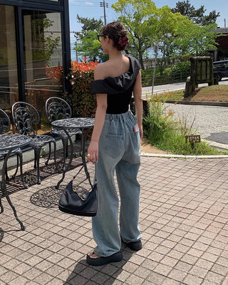 Elastic waistband drawstring denim wide-leg pants