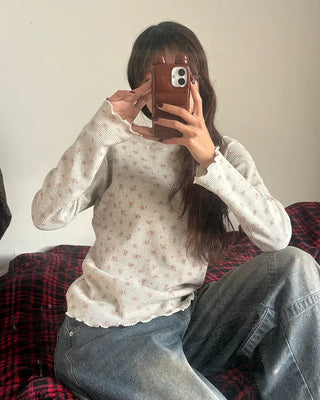 Mini Flower Scallop Point Waffle Long T-Shirt