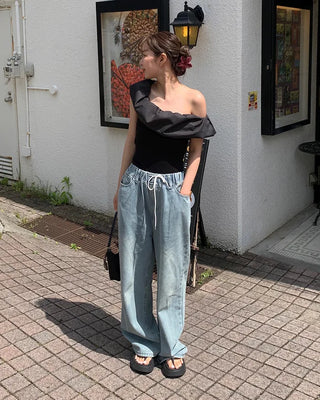 Elastic waistband drawstring denim wide-leg pants