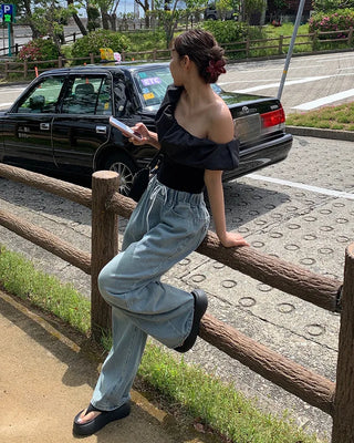 Elastic waistband drawstring denim wide-leg pants