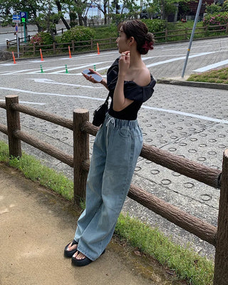 Elastic waistband drawstring denim wide-leg pants