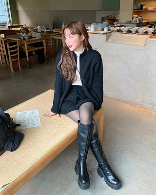 Knit zip-up and knit mini skirt set