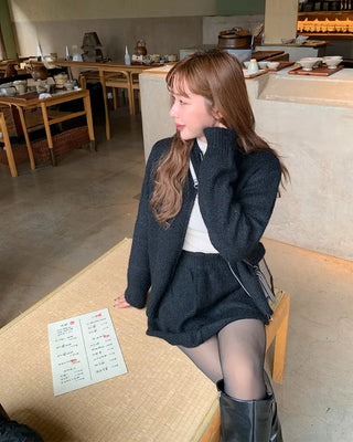 Knit zip-up and knit mini skirt set
