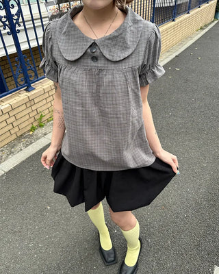 Button-up bust gathered yoke puff blouse