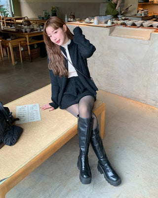 Knit zip-up and knit mini skirt set