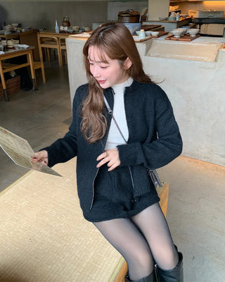 Knit zip-up and knit mini skirt set