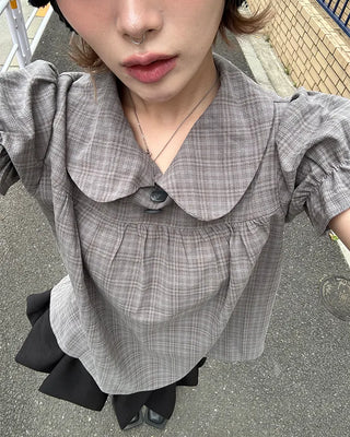 Button-up bust gathered yoke puff blouse