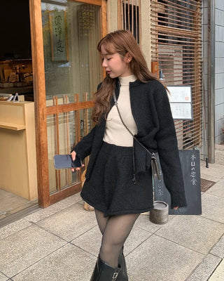 Knit zip-up and knit mini skirt set