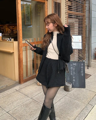 Knit zip-up and knit mini skirt set