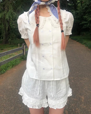 [6th Re-release] (ORIGINAL) Heart Button Lace Puff Blouse