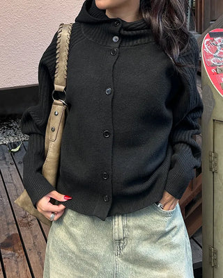 Ribbed Point High Neck Hooded Cardigan