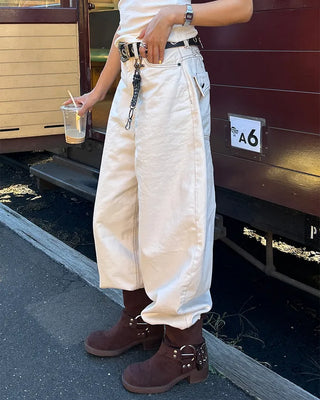 Button-back cinch flap balloon cotton pants