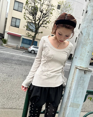 Glass Neck Flower Rib Pile Long T-Shirt