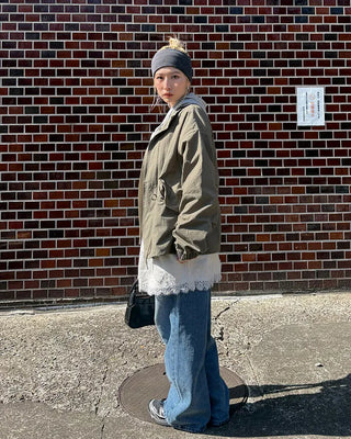 (Unisex) Drawstring Waist Flap Military Jacket
