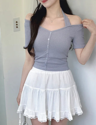 Halter rib short-sleeved T-shirt