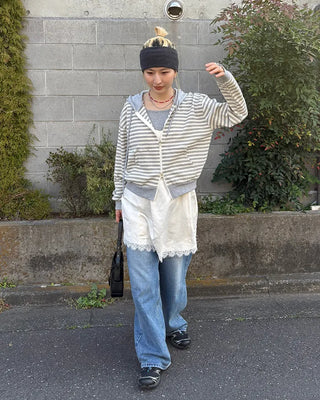 Striped semi-cropped double-zip waffle hoodie