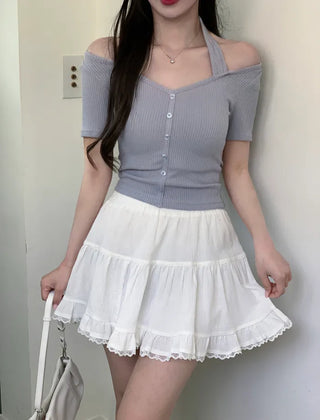 Halter rib short-sleeved T-shirt