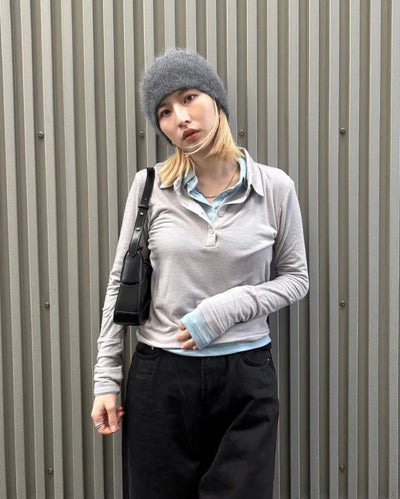 Polo neck semi-cropped long T-shirt