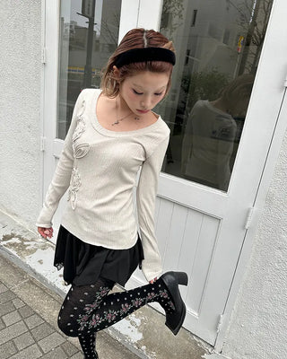 Glass Neck Flower Rib Pile Long T-Shirt