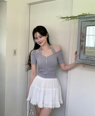 Halter rib short-sleeved T-shirt