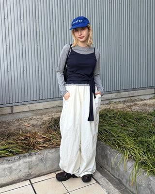 (Unisex) Black Button Elastic Waist Parachute Pants