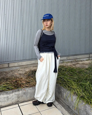 (Unisex) Black Button Elastic Waist Parachute Pants