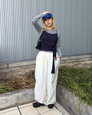 Waist tie camisole layered long-sleeve T-shirt