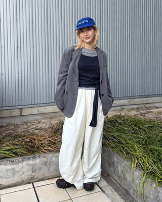 (Unisex) Black Button Elastic Waist Parachute Pants