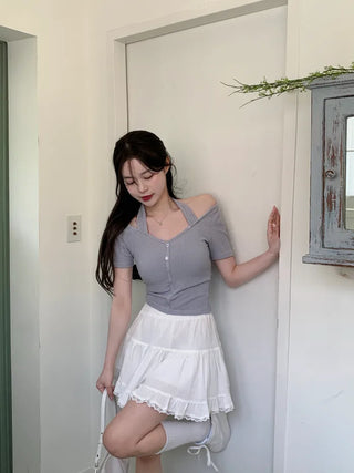 Halter rib short-sleeved T-shirt