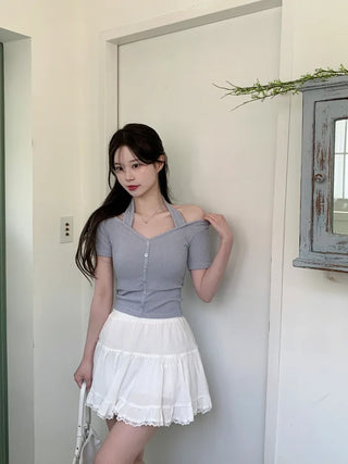 Halter rib short-sleeved T-shirt