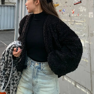 V-neck boa open jacket