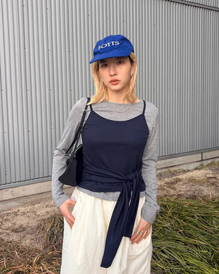 Waist tie camisole layered long-sleeve T-shirt