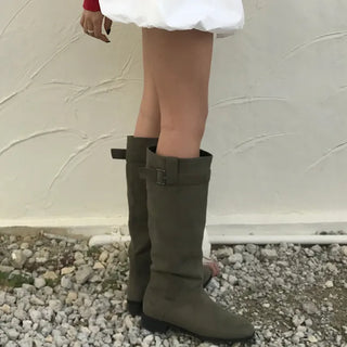 Belted suede long boots