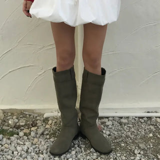 Belted suede long boots