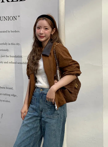 Leather color-point suede jacket