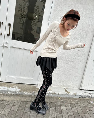Glass Neck Flower Rib Pile Long T-Shirt