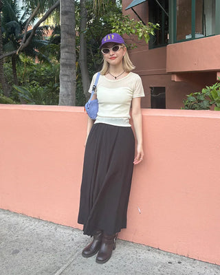 Elastic waist yoke line flared maxi skirt