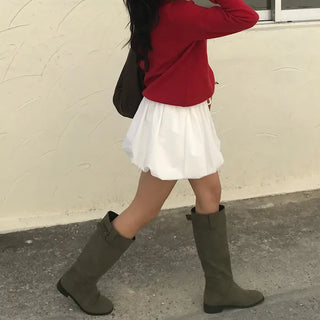 Belted suede long boots
